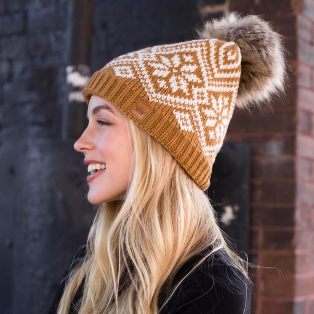 SOLD OUT Camel White Knit Snowflake Pattern Knit Fleece Lined Faux Fur Pom - Picture 2 of 3
